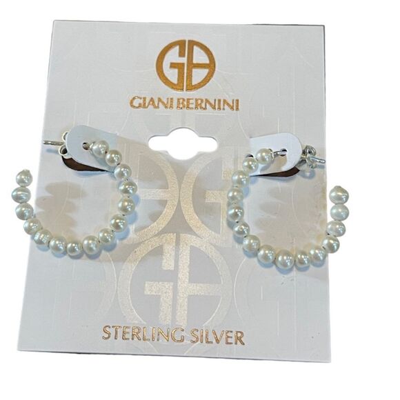 NWT GIANI BERNINI Sterling Cultured Freshwater Pearl (3-3 1/2mm) Hoop Earrings - Picture 2 of 4